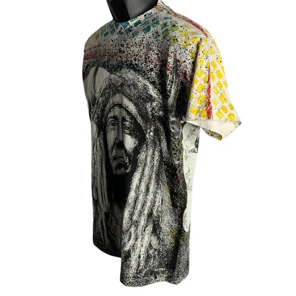 Vintage 90s Native American AOP T Shirt L White Crewneck Single Stitch Chief - Picture 4 of 8